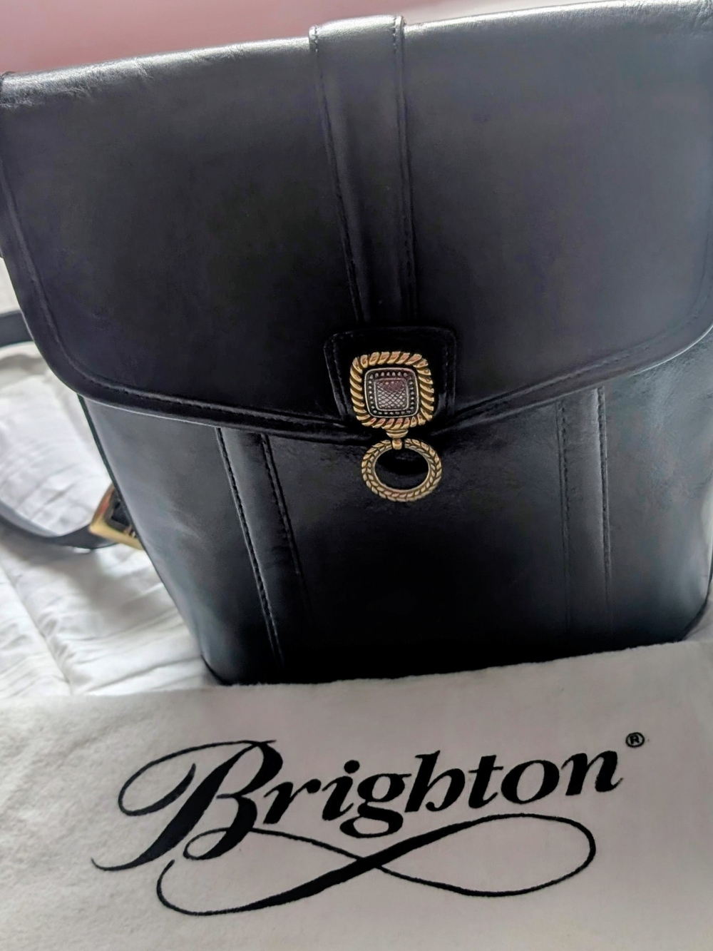 Brighton Black Leather Crossbody Bag with Decorative Gold Hardware